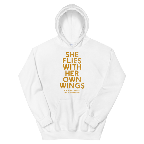 "She Flies" State Motto with Wings - "Exclusive White" - Unisex Hoodie - Oregon Born