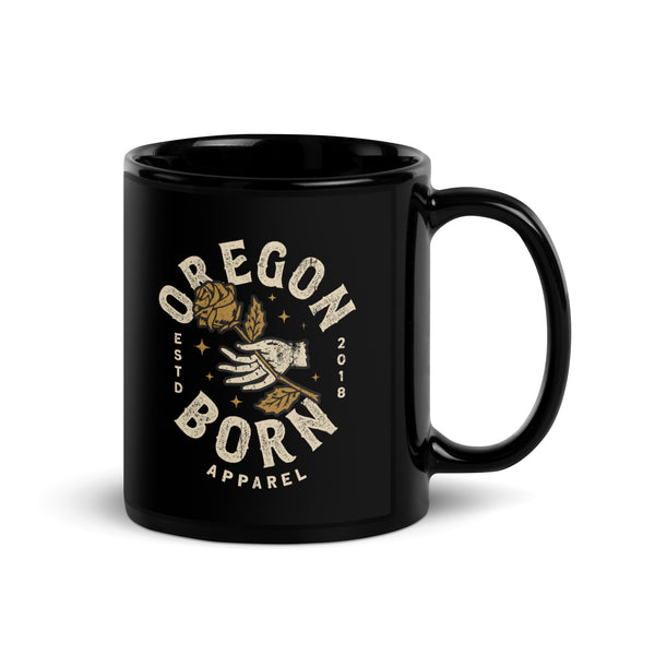 OREGON BORN - ROSE - Black Glossy Mug