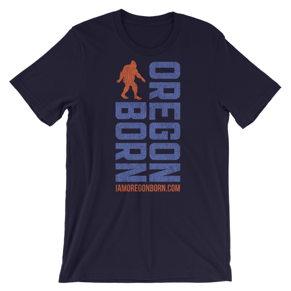 Oregon Born Vertical w/ Bigfoot (Blue & Orange) - Short-Sleeve Unisex T-Shirt - Oregon Born