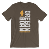 Oregon Born Vertical w/ Bigfoot (Gold & White) - Short-Sleeve Unisex Tee - Oregon Born